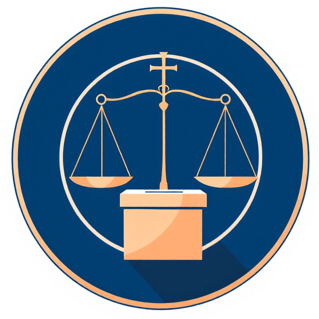 Balance de justice avec urne électorale surmontée d'une croix.